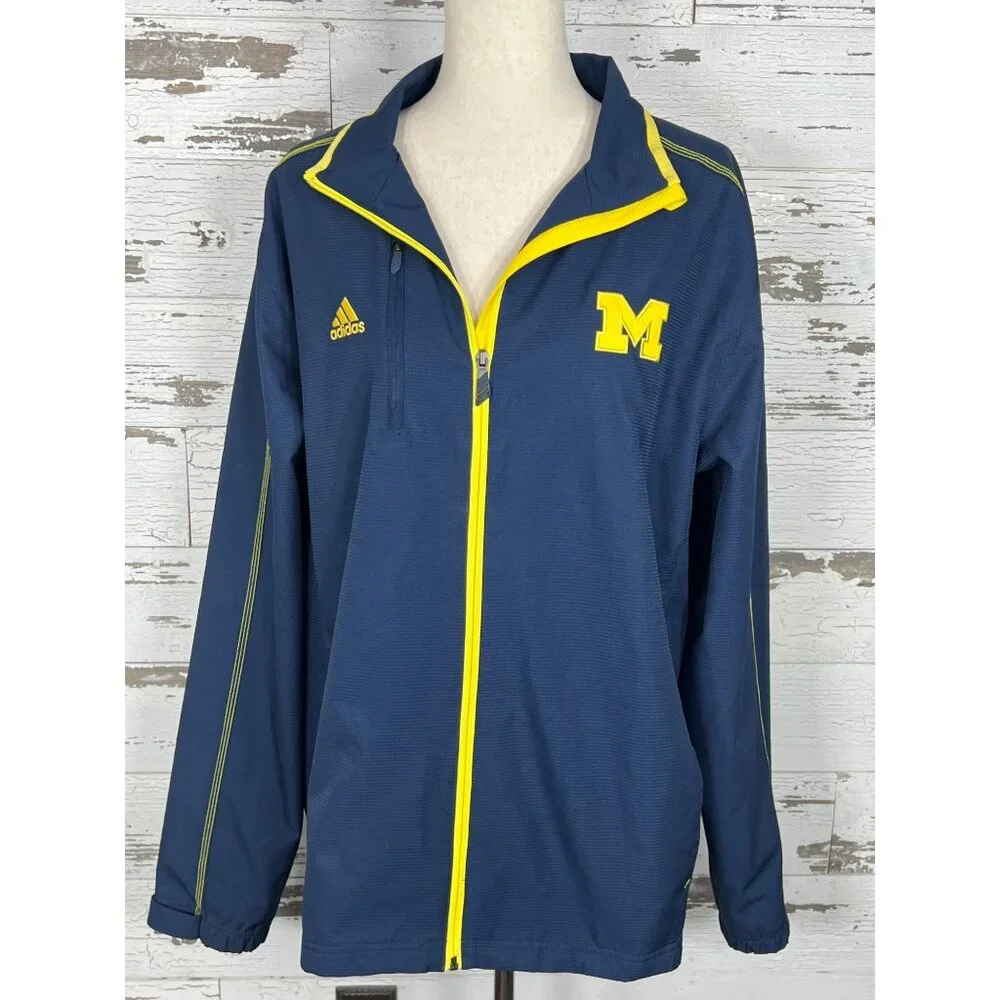 ADIDAS Essentials Three Stripes Woven Windbreaker Michigan Wolverines Blue Sz L